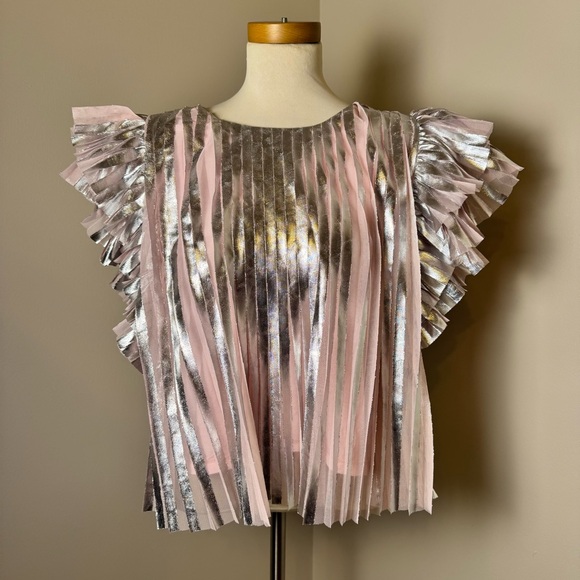 Anthropologie Tops - NWT ANTHROPOLOGIE Metallic Pleated Top w/ Ruffle Cap Sleeves PINK-SILVER /MEDIUM